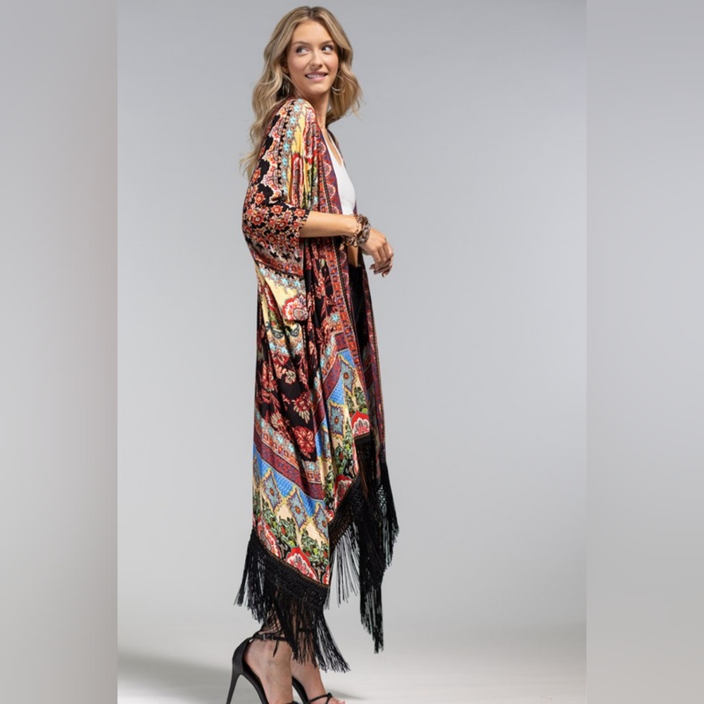 Bohemian Floral & Demask Print Kimono / Duster w/ Side Slits - Deep Rich Colors - Picture 3 of 7